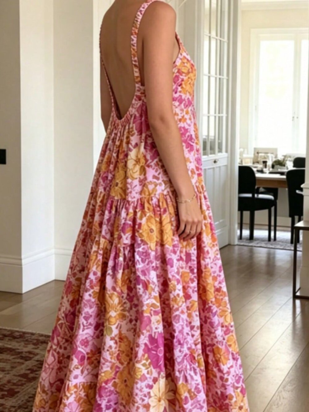 Pink Casual Women's Long Maxi Slip Dress with Floral Pattern - Picture 3 of 4